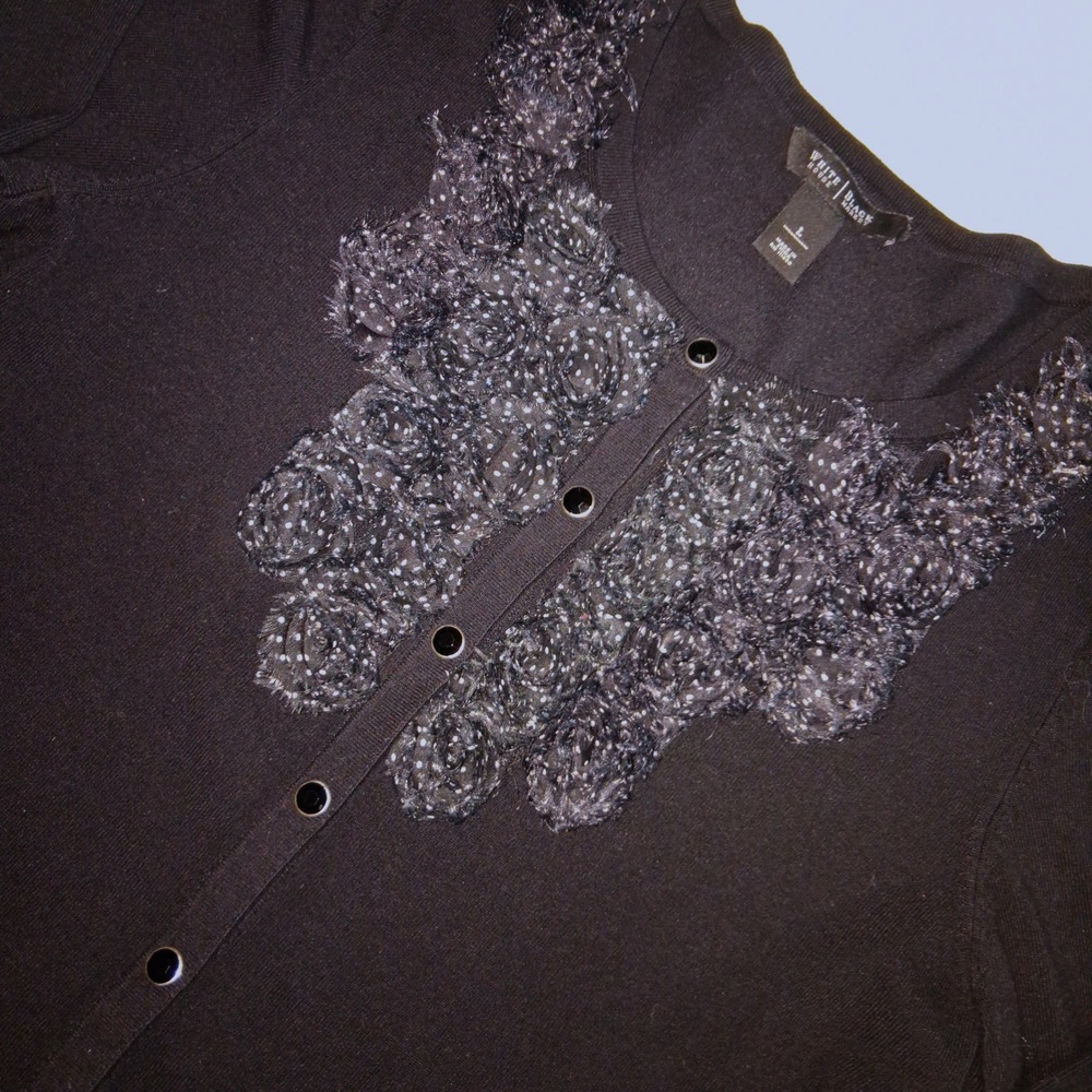 White House Black Market Black Cardigan‎ Sweater Embellished Neckline Snap Large